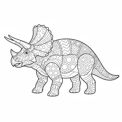A Triceratops body zentangle viewed from the side, the frill divided into pie-w… coloring page