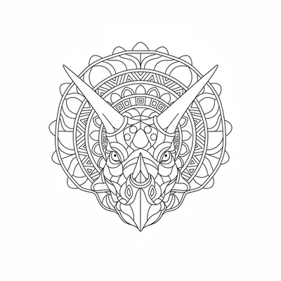 A Triceratops frill viewed head-on as the framework for a mandala, the frill's… coloring page