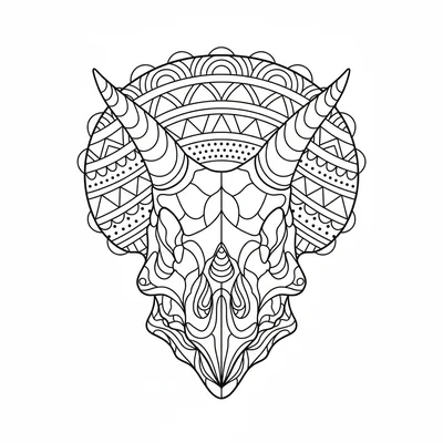A Triceratops skull zentangle with the frill filled with five bold geometric pa… coloring page