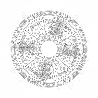 A tropical leaf mandala with 6 large tropical leaf shapes (banana, monstera coloring page
