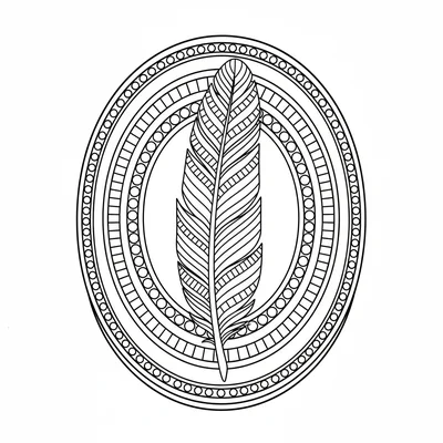 A Velociraptor feather as the central axis of a vertical mandala, the feather s… coloring page
