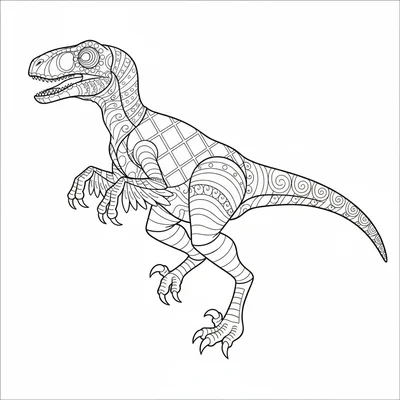 A Velociraptor in leaping pose as a zentangle, the body divided into large deco… coloring page