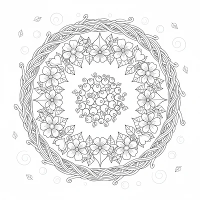 A vine wreath mandala with a thick woven vine ring at the outer edge, a ring coloring page