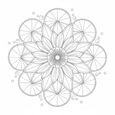 A water lily mandala with large flat lily pad shapes in the outer ring and 12 coloring page