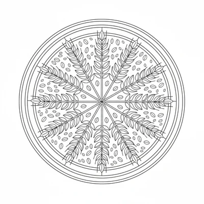 A wheat sheaf mandala with 8 wheat stalks radiating outward, each stalk showing coloring page