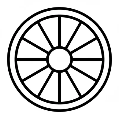 A simple wheel-of-life mandala with 12 evenly-spaced thick spokes, a bold hub coloring page