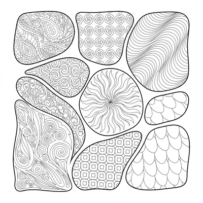 A zentangle abstract composition dividing the space into 7 large irregular coloring page