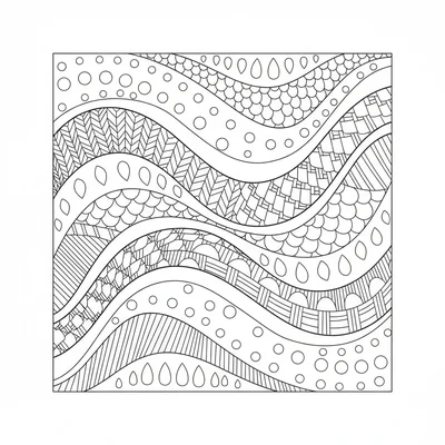 A zentangle-inspired abstract composition filling a square frame, with flowing coloring page