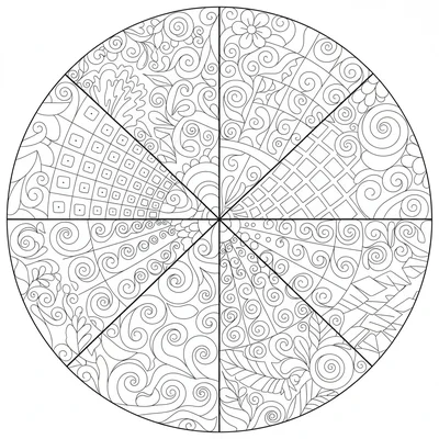 A zentangle-inspired abstract where 8 different tangle tiles meet at a central coloring page