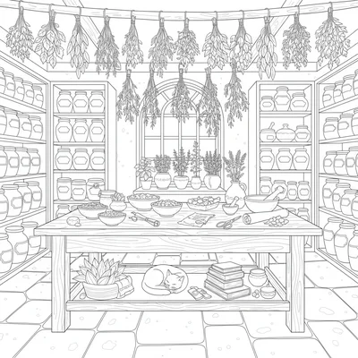 An ancient herbalist's shop with floor-to-ceiling shelves of ceramic jars coloring page