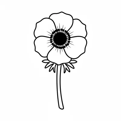 A simple anemone with 5 rounded petals around a dark round center, a single coloring page