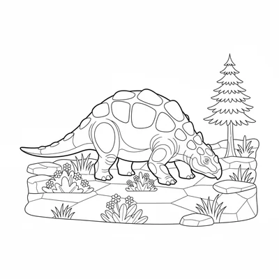 An Ankylosaurus grazing in a Cretaceous meadow, its armored body shown with bro… coloring page