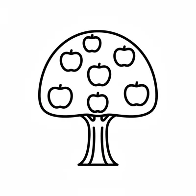 A simple apple tree in full fruit, a round canopy with 6 simple apple shapes coloring page