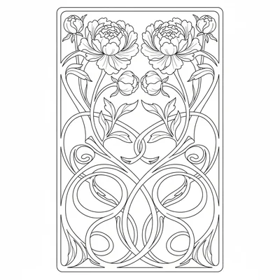 A Art Nouveau peony composition with two full peony blooms coloring page