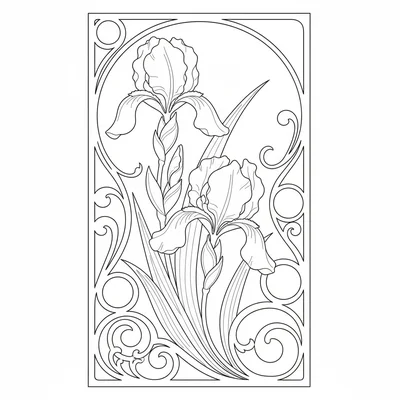 A simple Art Nouveau style iris composition with two iris blooms in profile coloring page