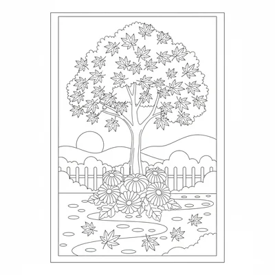 An autumn garden with a Japanese maple at center, its lobed leaves shown coloring page