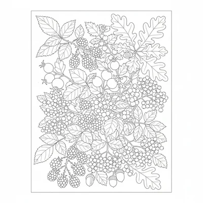 An autumn hedgerow study showing a section of mixed hedgerow with blackberries coloring page