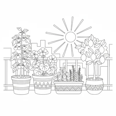 A simple balcony container garden with 4 different large pots, one with cherry coloring page