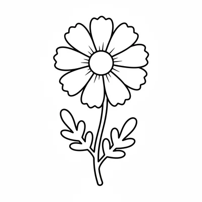 A big simple cosmos flower with 8 wide petals and a round center, a long thin coloring page