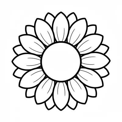 A big sunflower head seen from above, a large dark center and 16 wide petals coloring page