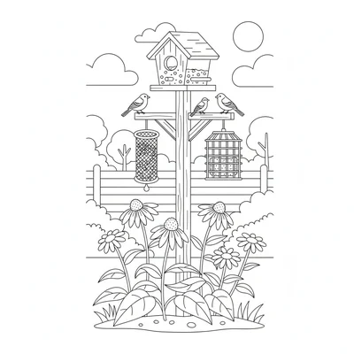 A bird feeder station in a garden, a post with a house-shaped seed feeder coloring page