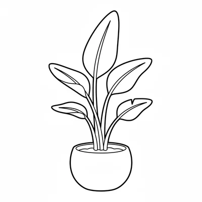 A simple bird of paradise plant in a round pot, 3 large long oval leaves coloring page