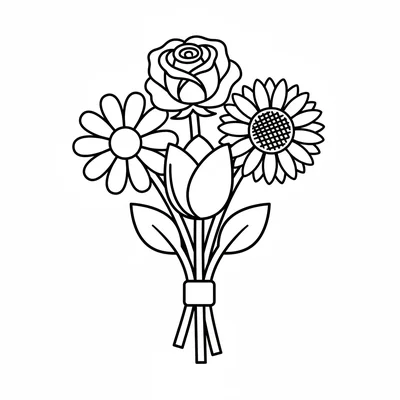 A simple bird's nest of 4 large wild flower types arranged together, a daisy coloring page
