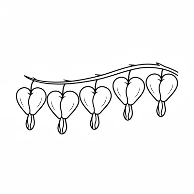 A simple bleeding heart flower, a row of 5 dangling heart-shaped blossoms coloring page
