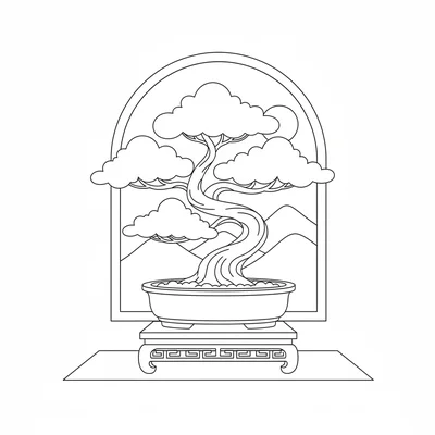A bonsai tree on a display stand in a shallow oval pot, the trunk twisted coloring page