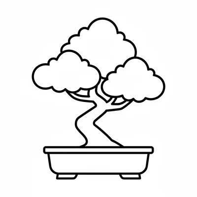 A simple bonsai tree outline drawing in a shallow rectangular pot, the trunk coloring page