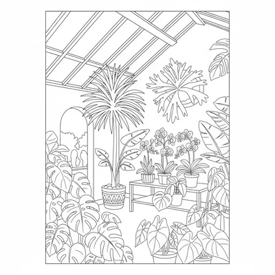 A simple botanical garden hot house corner with tropical palms, a large coloring page