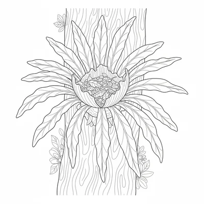A botanical illustration of a bird's nest fern growing on a tree trunk coloring page