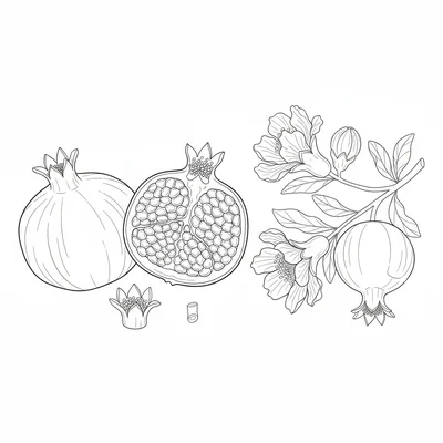 A botanical illustration of a pomegranate, the full fruit exterior coloring page