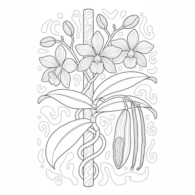 A botanical plate of a vanilla orchid vine showing the climbing stem coloring page