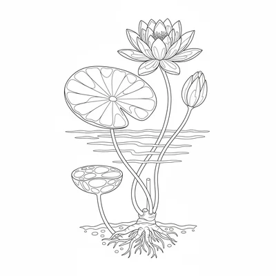 A botanical plate of a water lily, showing the rhizome buried in sediment, long coloring page