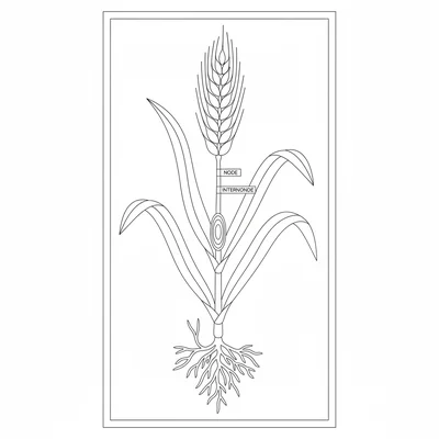 A botanical plate of a wheat plant from root to seed head, root system, tiller coloring page
