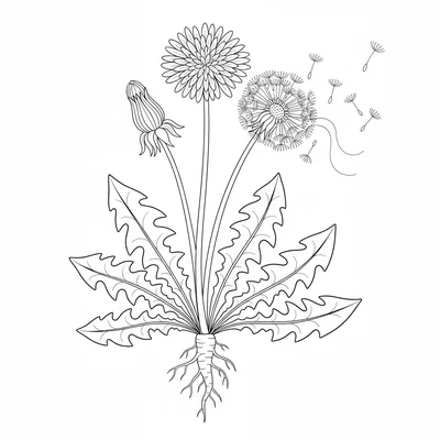 A botanical study of a dandelion plant, roots, rosette of deeply toothed coloring page