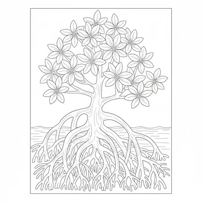 A botanical study of a mangrove tree at the water's edge, showing coloring page