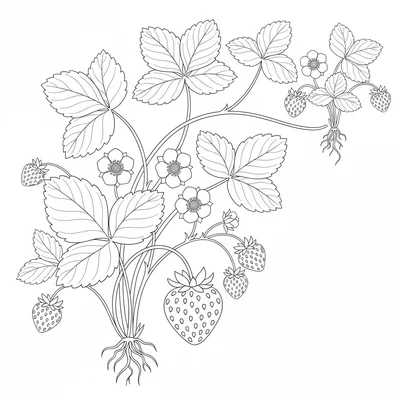 A botanical study of a strawberry plant showing runners coloring page