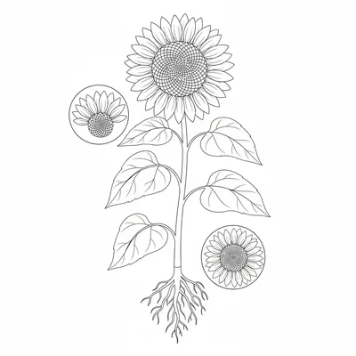 A botanical study of a sunflower showing the full plant, taproot and fibrous coloring page