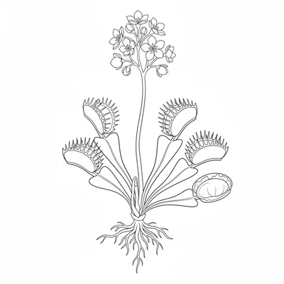 A botanical study of a Venus flytrap plant, showing the root system, rosette coloring page