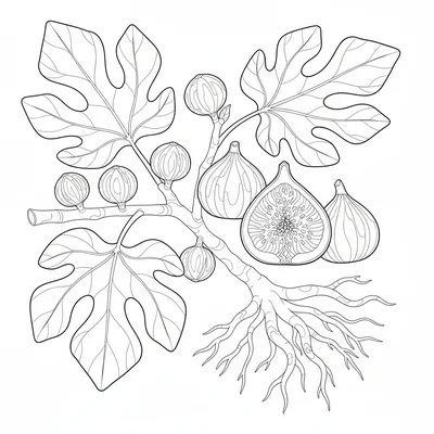 A botanical study plate of a fig showing the branch with large lobed leaves coloring page