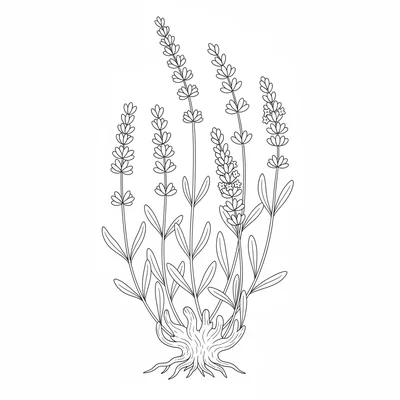 A botanical study plate of a lavender plant, showing the woody base, multiple coloring page