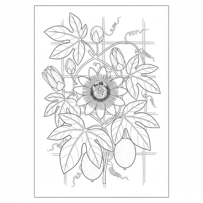 A botanical study plate of a passion flower showing the full plant, tendrils coloring page