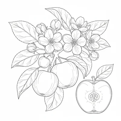 A botanical study plate of an apple branch showing leaves with fine veination coloring page