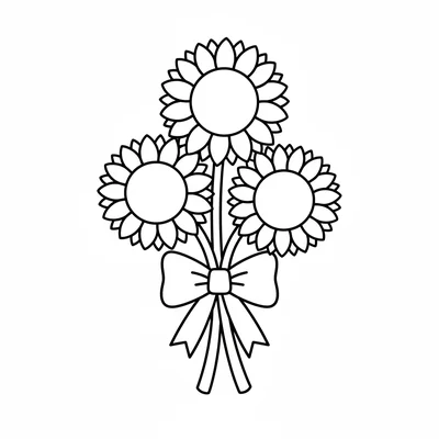 A simple bouquet of 3 sunflowers tied together with a thick ribbon bow, stems coloring page