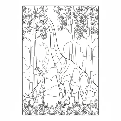 A Brachiosaurus family of two feeding from tall araucaria conifers, the adult r… coloring page