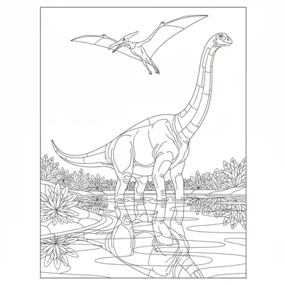 A Brachiosaurus wading through a shallow lagoon, water up to its knees, its ref… coloring page