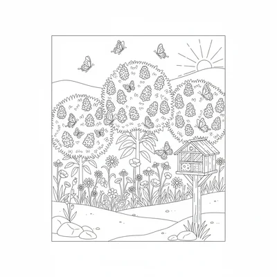 A butterfly garden with 3 buddleia bushes in full bloom attracting butterflies coloring page