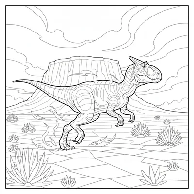A Carnotaurus sprinting across a Late Cretaceous salt flat, its short horns and… coloring page